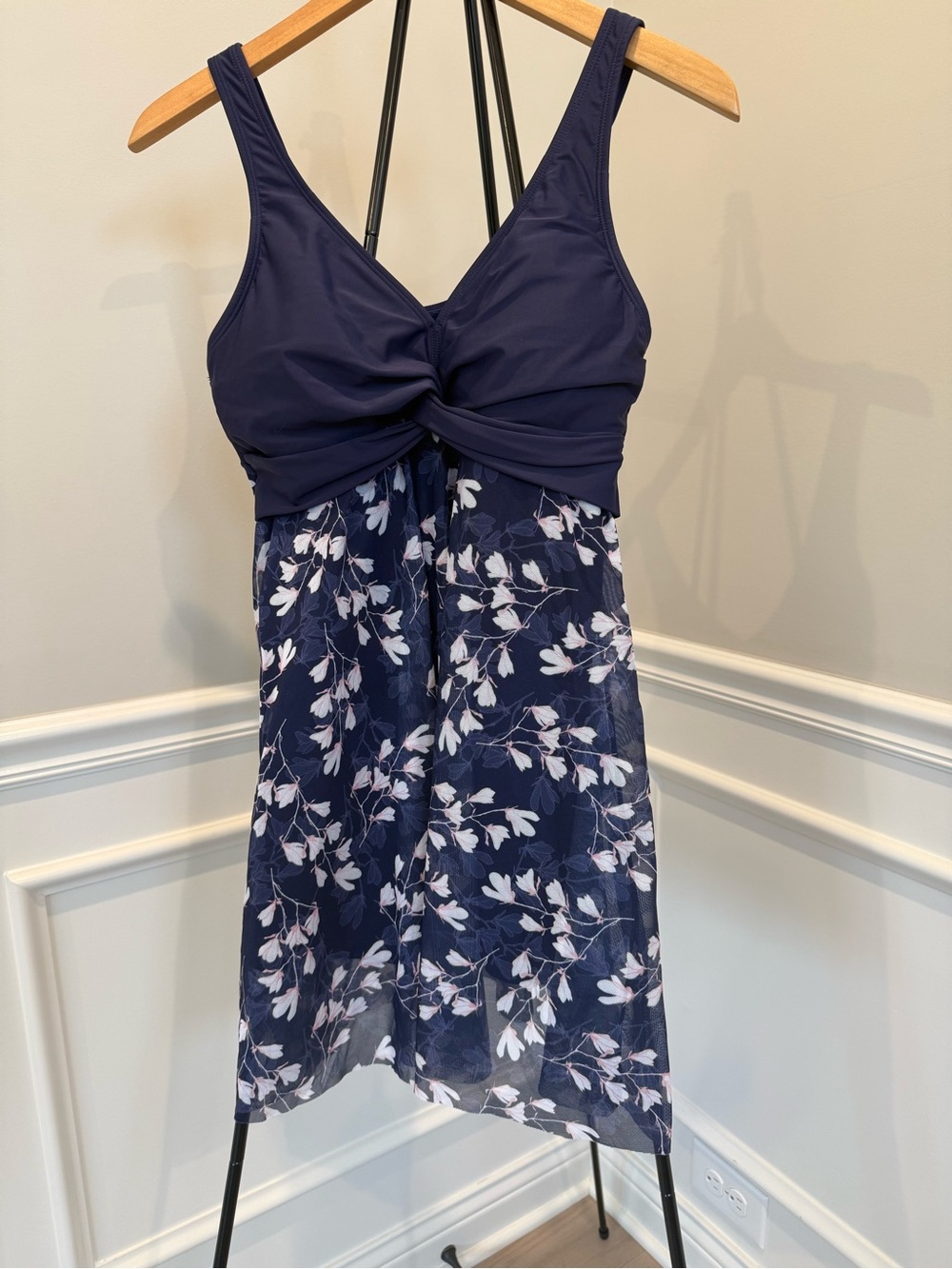 Navy Floral Twist-Front One-Piece Swimdress